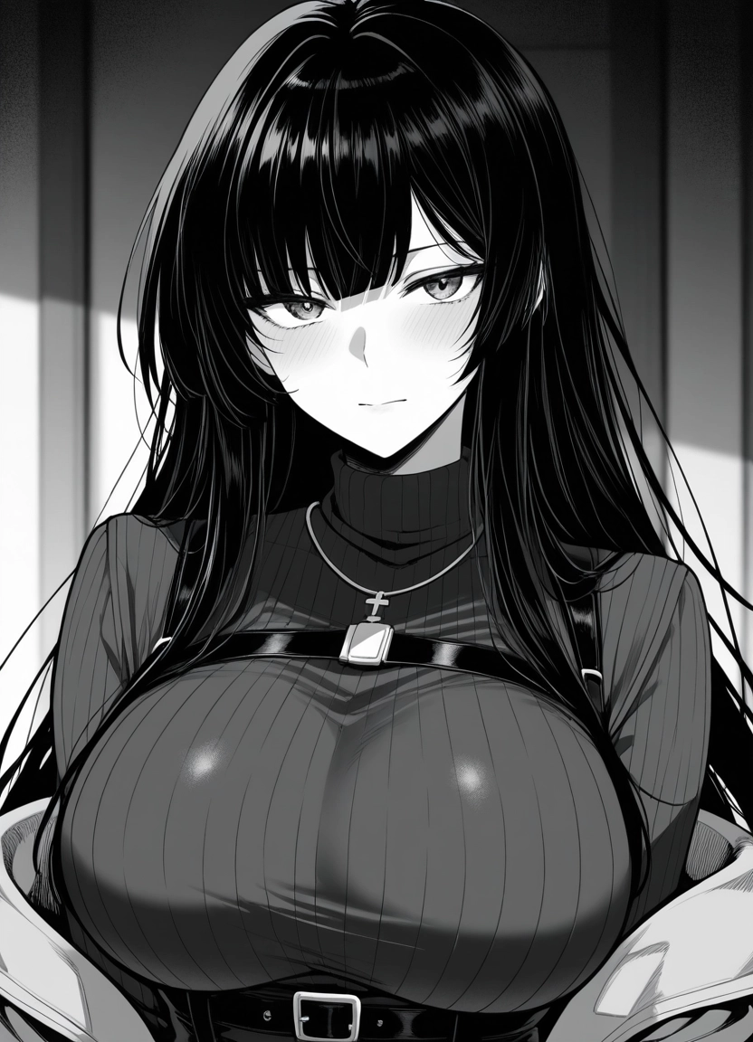 1girl, breasts, monochrome, greyscale, long hair, sweater
