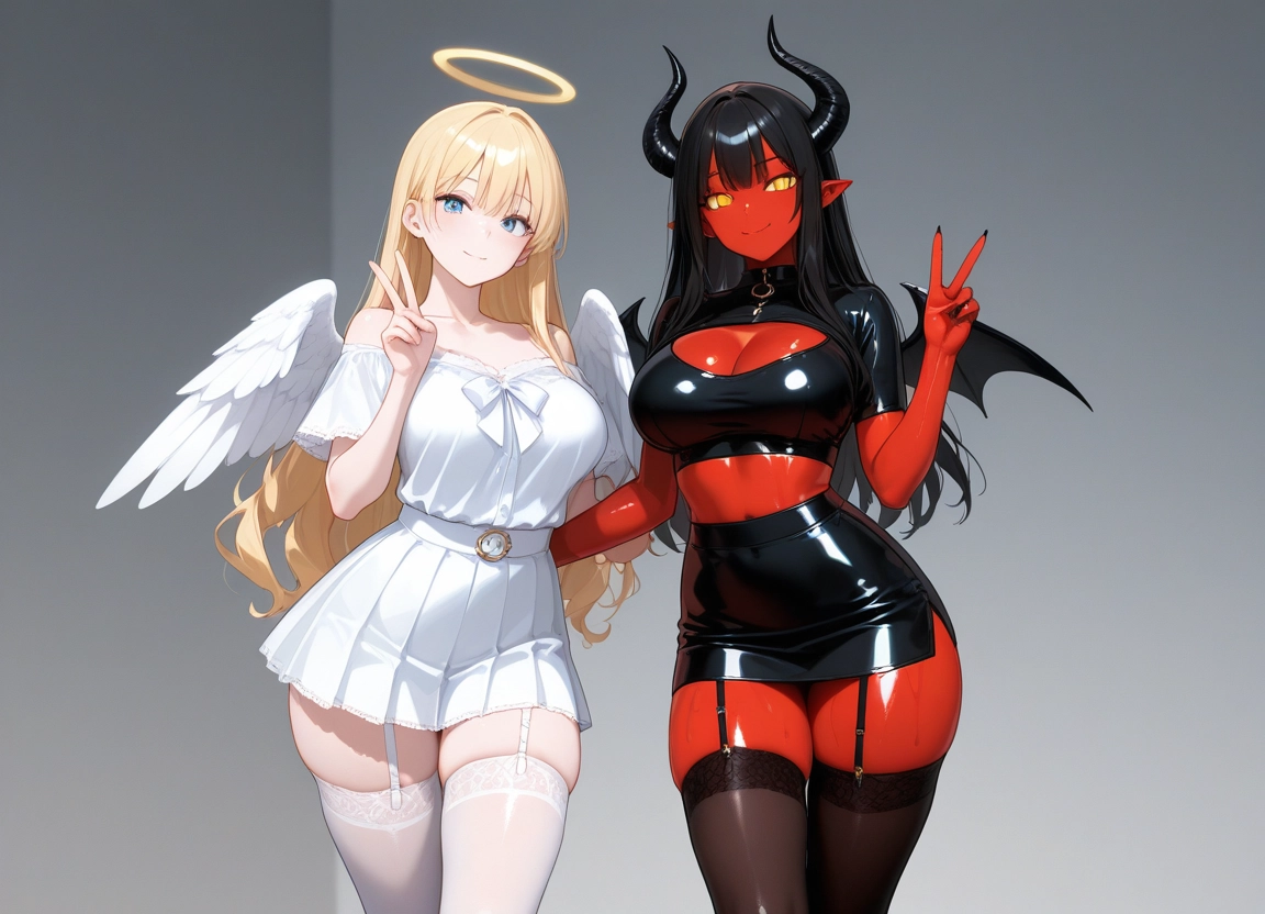 breasts, multiple girls, 2girls, blonde hair, horns, thighhighs · Yamete.gg