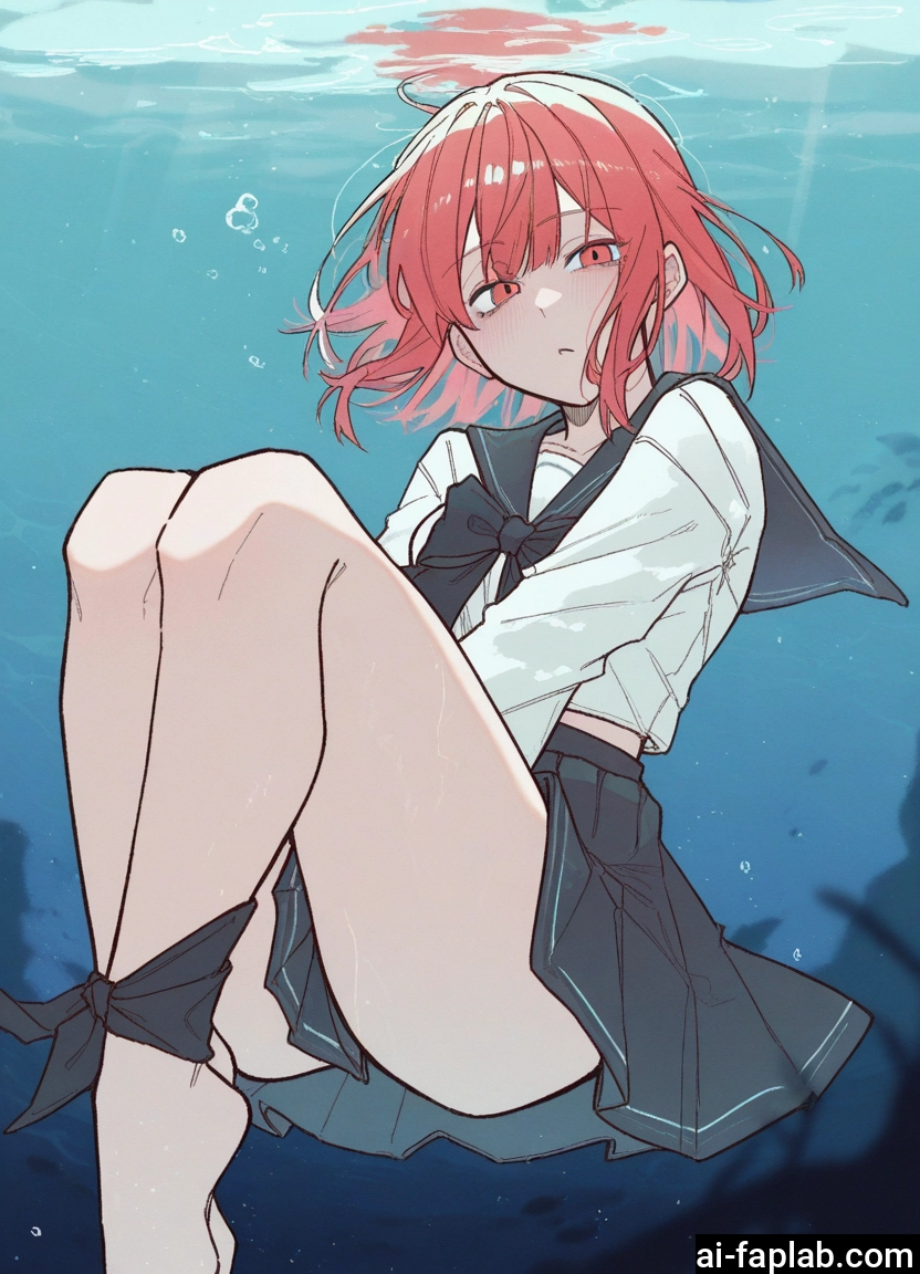 1girl, skirt, solo, underwater, school uniform, red eyes