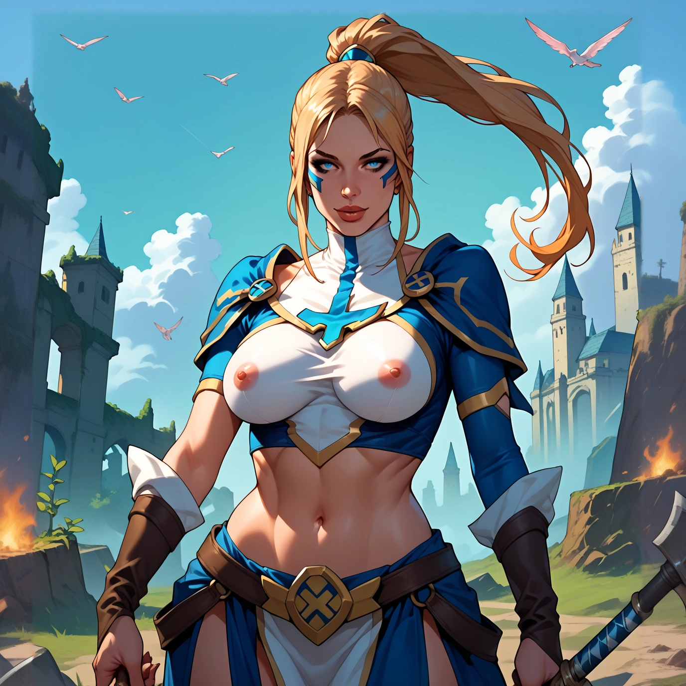 1girl, blonde hair, abs, blue eyes, armor, muscular female · Yamete.gg