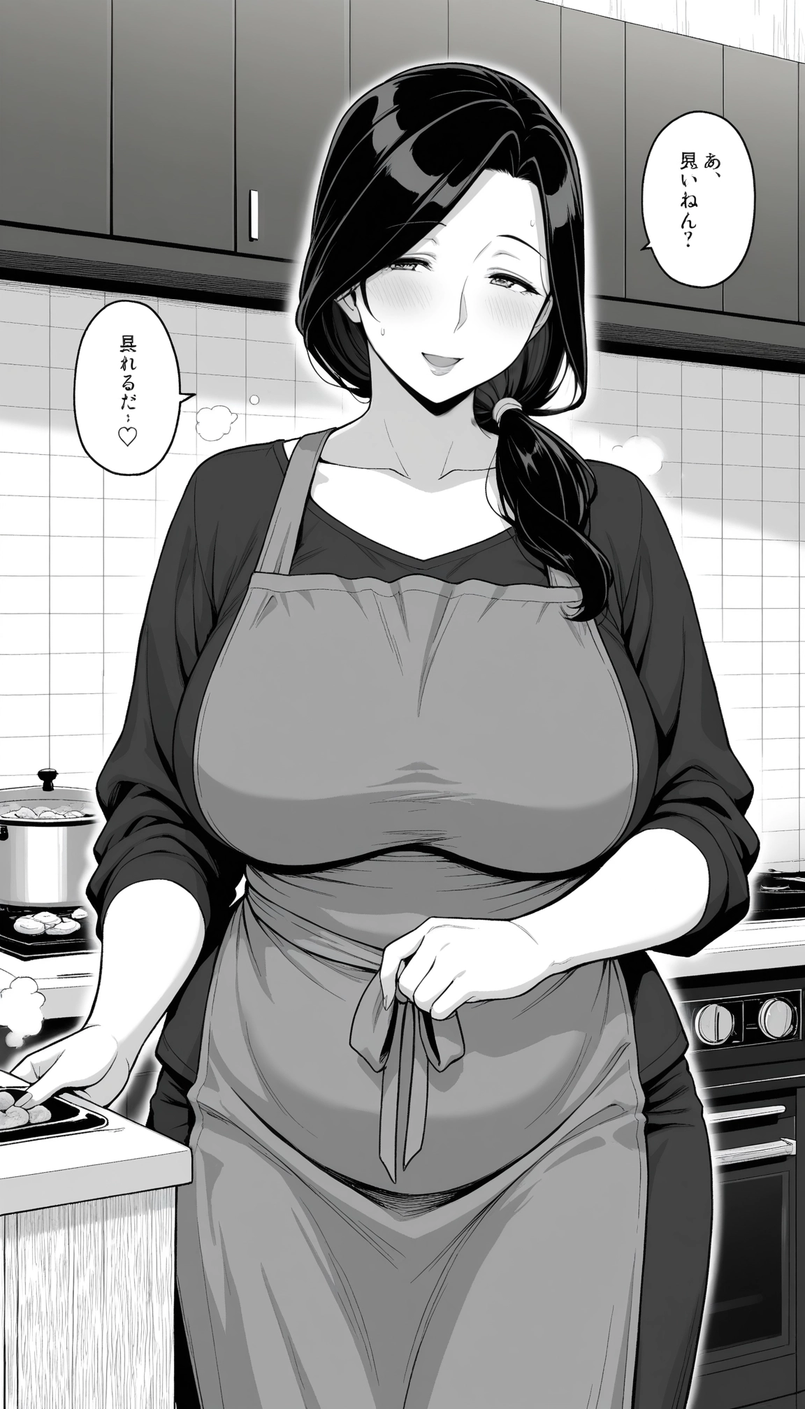 1girl, mature female, monochrome, greyscale, apron, kitchen · Yamete.gg