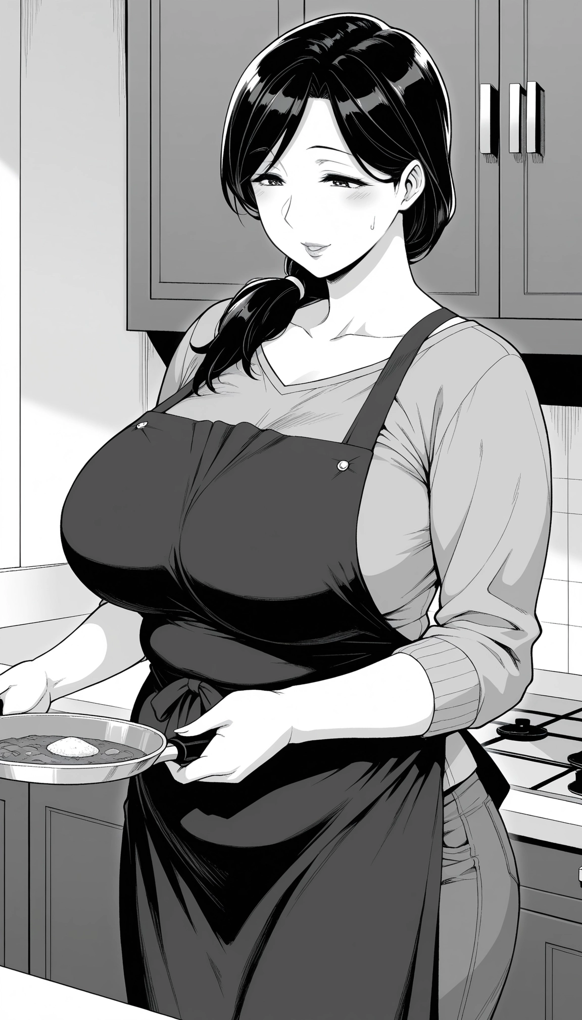 1girl, mature female, breasts, apron, monochrome, greyscale · Yamete.gg