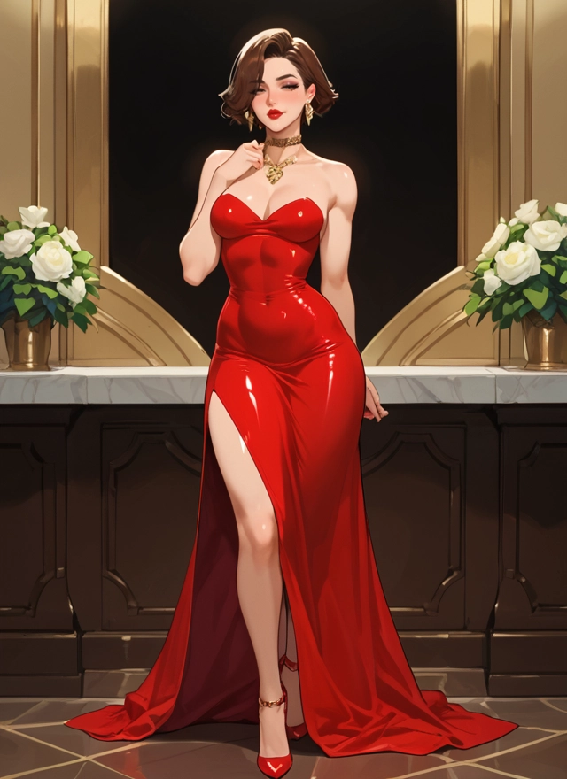 1girl, dress, breasts, brown hair, jewelry, earrings · Yamete.gg