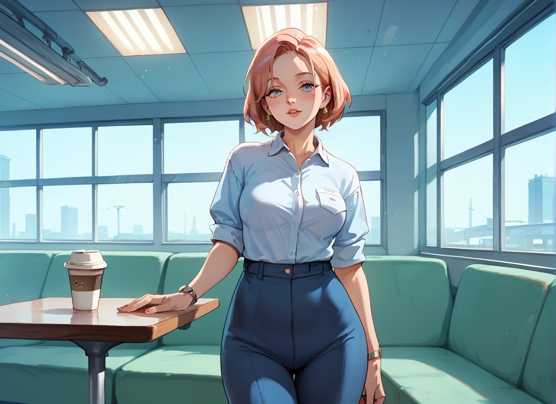 1girl, solo, blue eyes, high-waist pants, shirt, shirt tucked in · Yamete.gg
