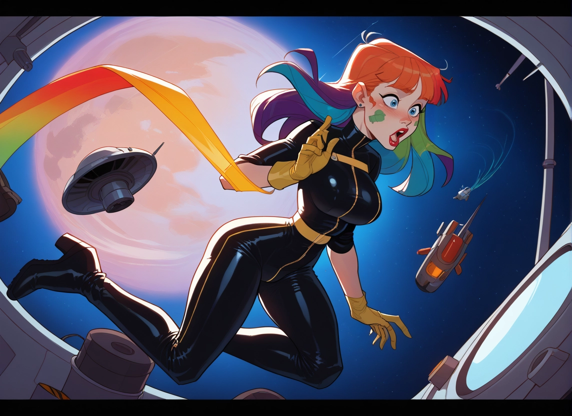 1girl, gloves, bodysuit, multicolored hair, moon, breasts · Yamete.gg