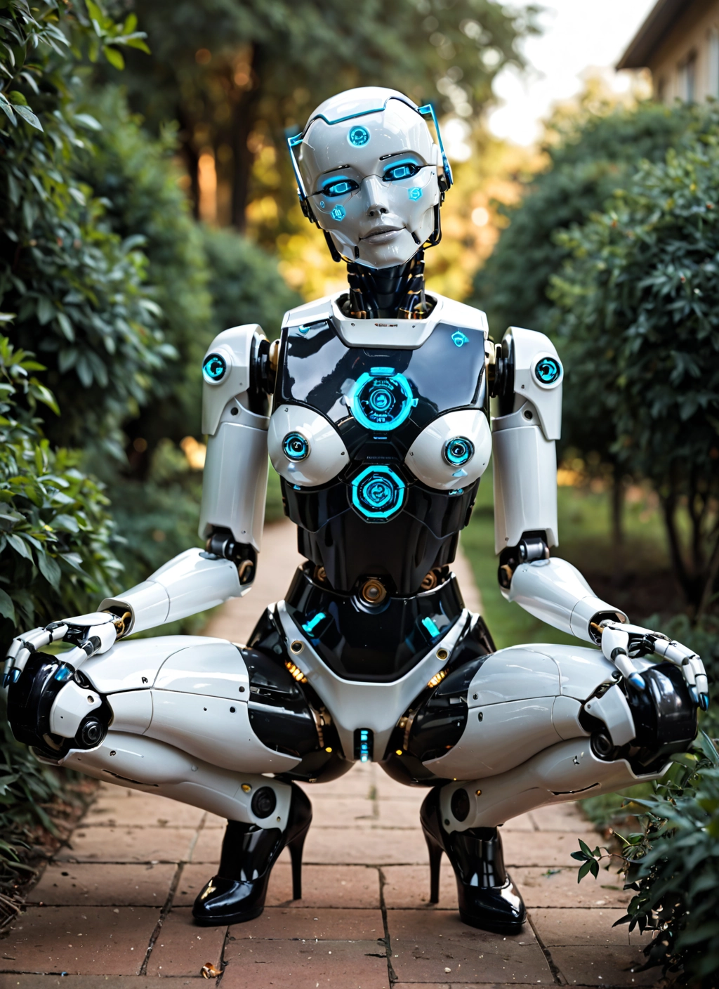 1girl, squatting, high heels, solo, robot, humanoid robot · Yamete.gg