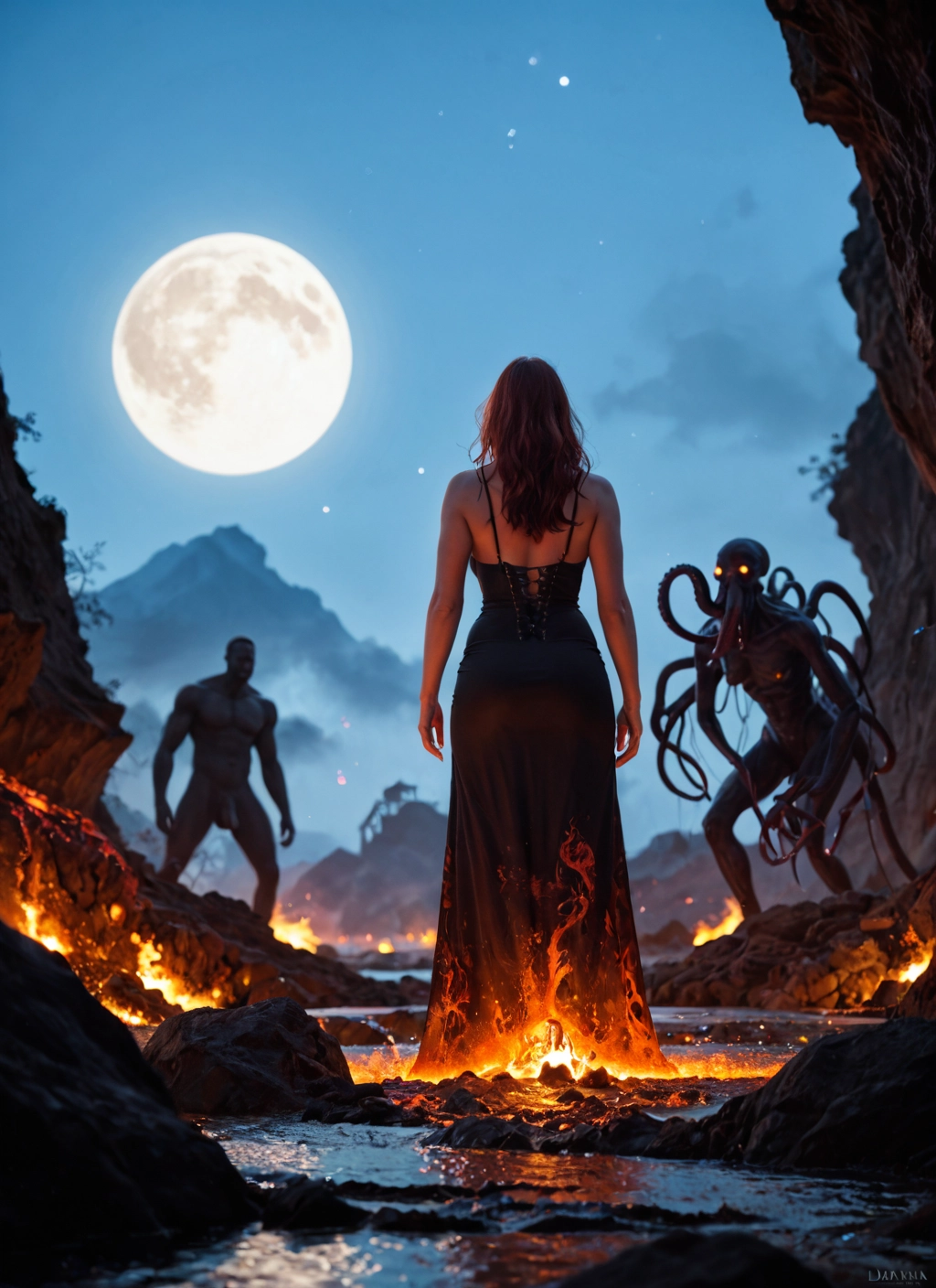 moon, dress, 1girl, fire, from behind, full moon · Yamete.gg