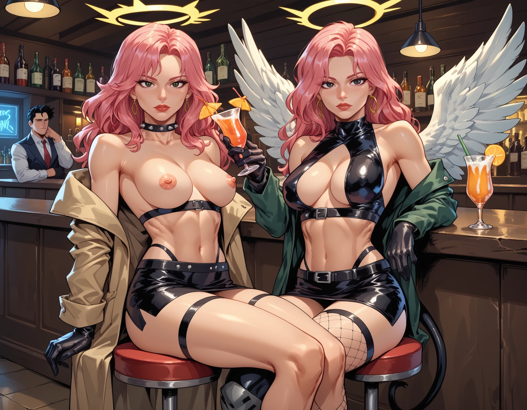 breasts, earrings, hoop earrings, gloves, pink hair, jewelry · Yamete.gg