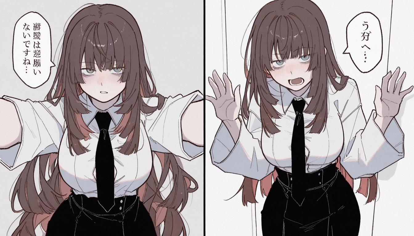 1girl, shirt, brown hair, necktie, white shirt, long hair