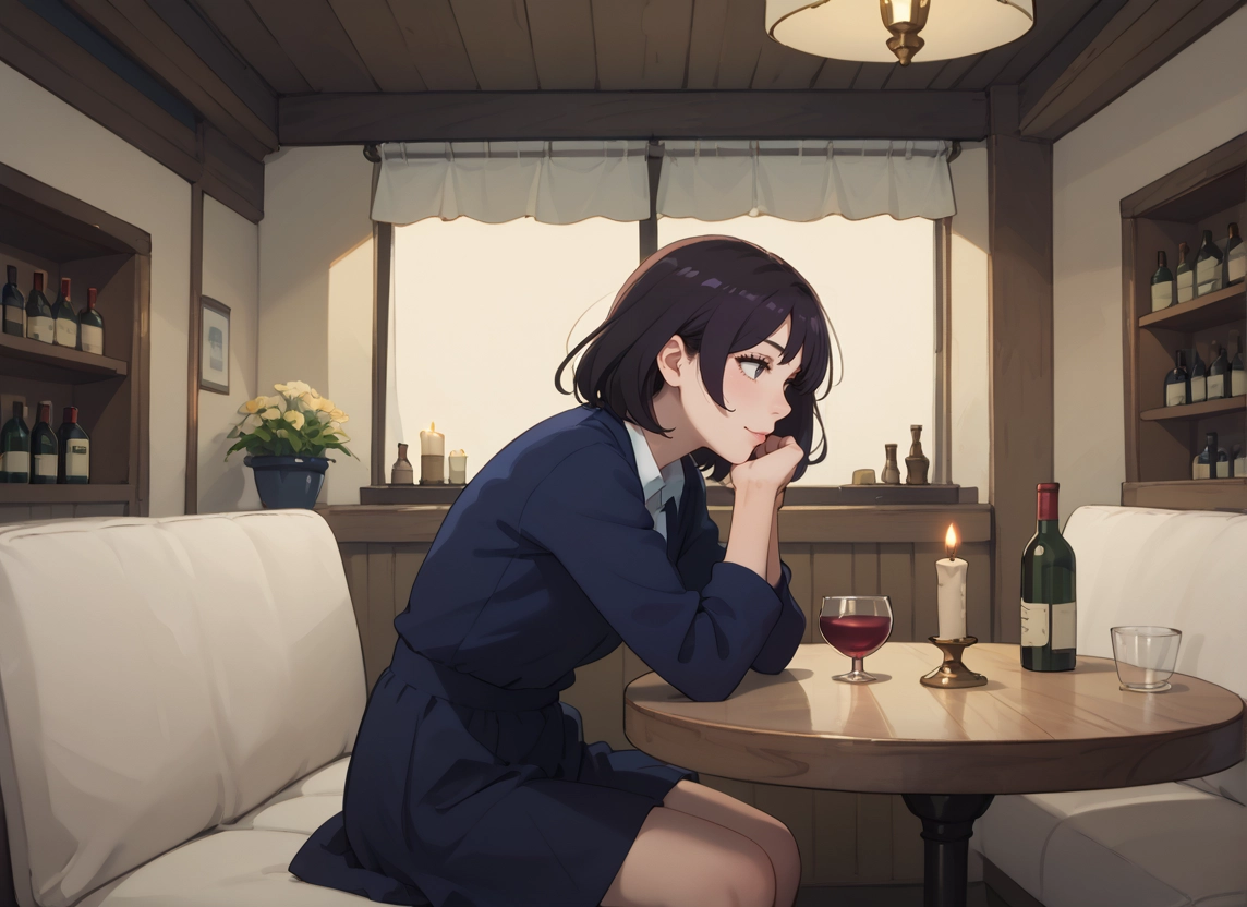 1girl, solo, cup, drinking glass, sitting, wine glass · Yamete.gg