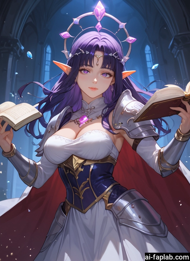 1girl, breasts, book, pointy ears, solo, purple hair · Yamete.gg