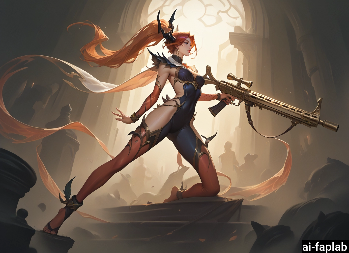1girl, weapon, gun, long hair, breasts, solo · Yamete.gg