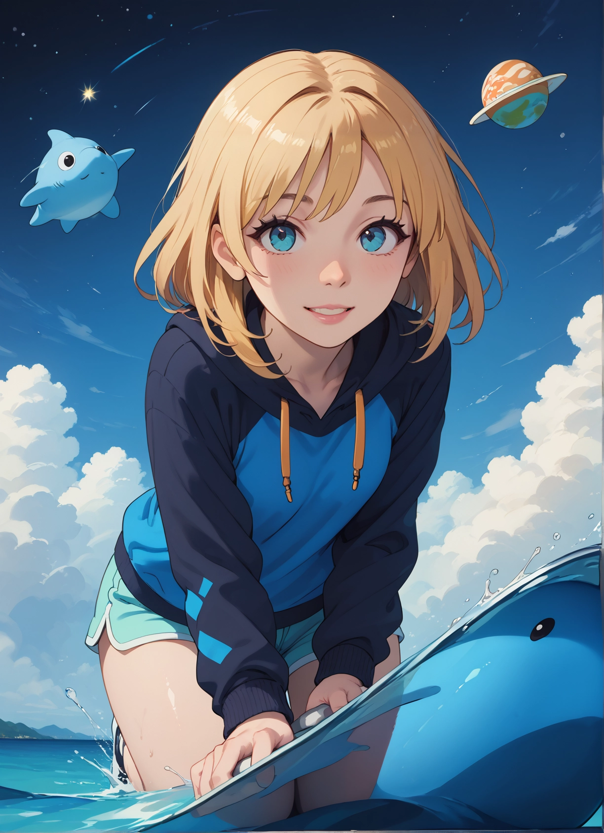 1girl, shorts, blonde hair, blue eyes, hood, smile · Yamete.gg