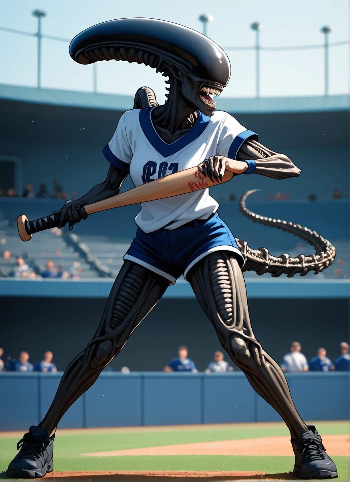 shorts, baseball bat, 1girl, shoes, tail, teeth · Yamete.gg