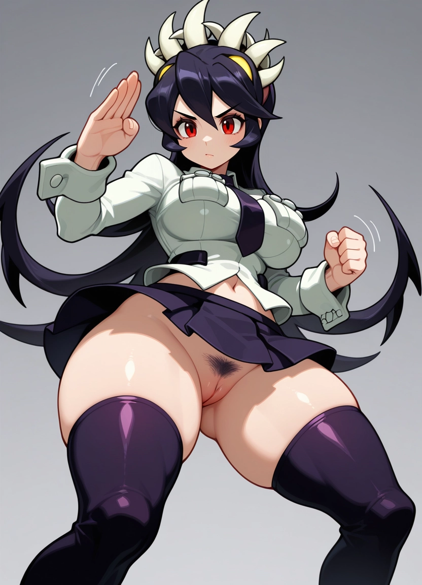 1girl, filia (skullgirls), breasts, solo, red eyes, thighhighs · Yamete.gg