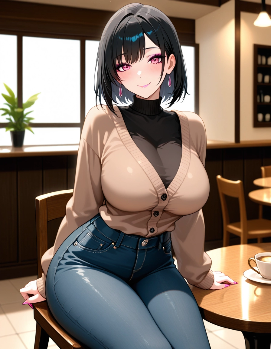 1girl, breasts, solo, black hair, pants, large breasts · Yamete.gg