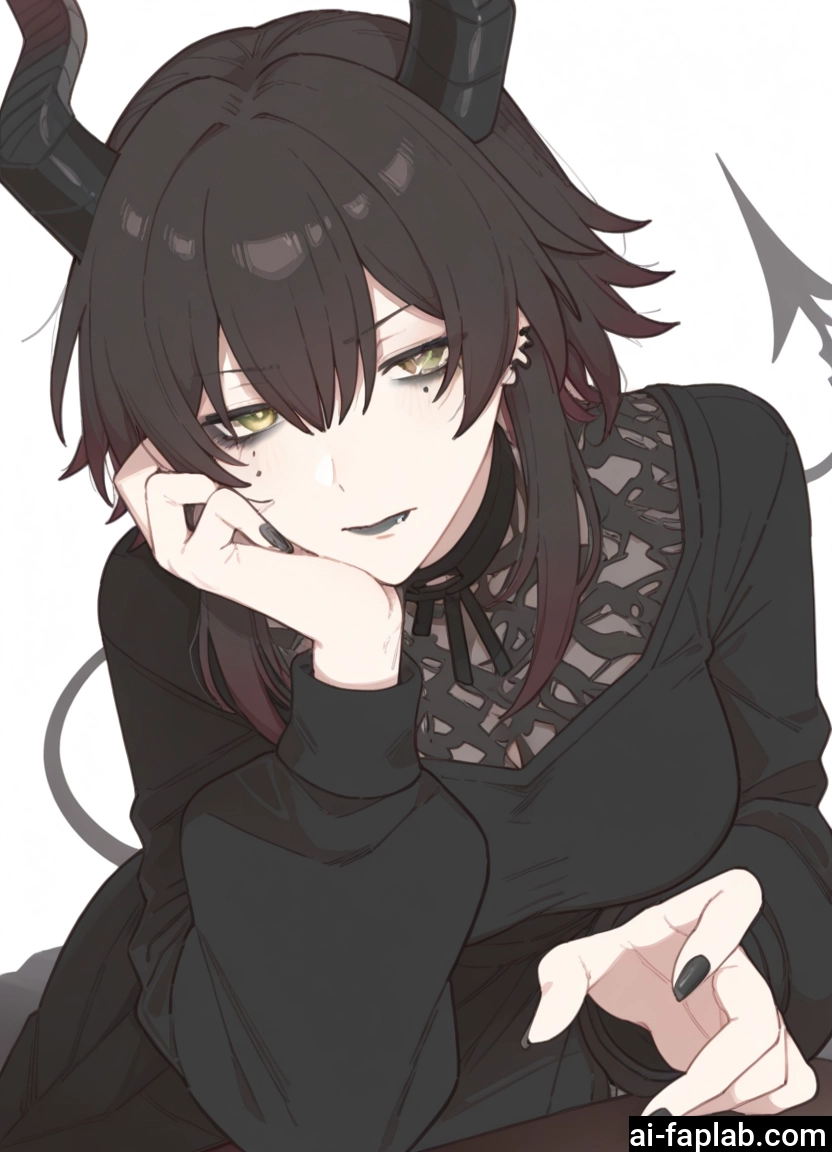 1girl, horns, solo, tail, demon tail, black nails