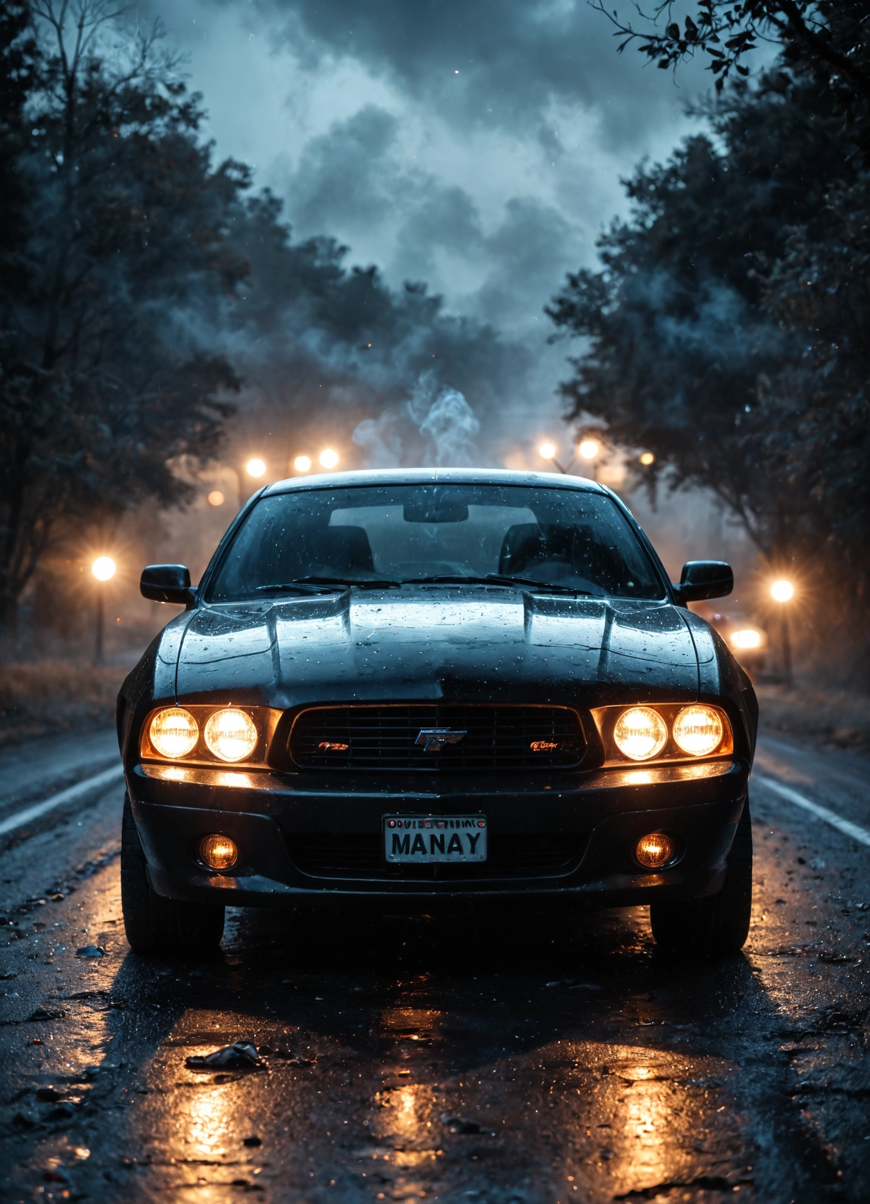 car, motor vehicle, ground vehicle, no humans, tree, night · Yamete.gg