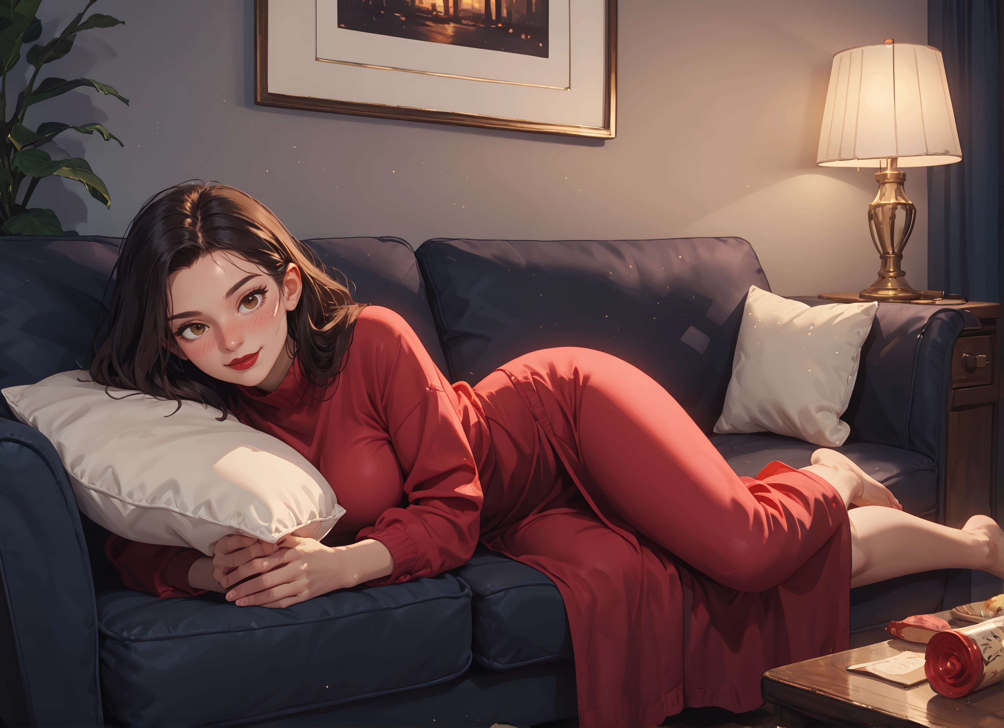 1girl, pillow, lying, barefoot, couch, brown eyes · Yamete.gg