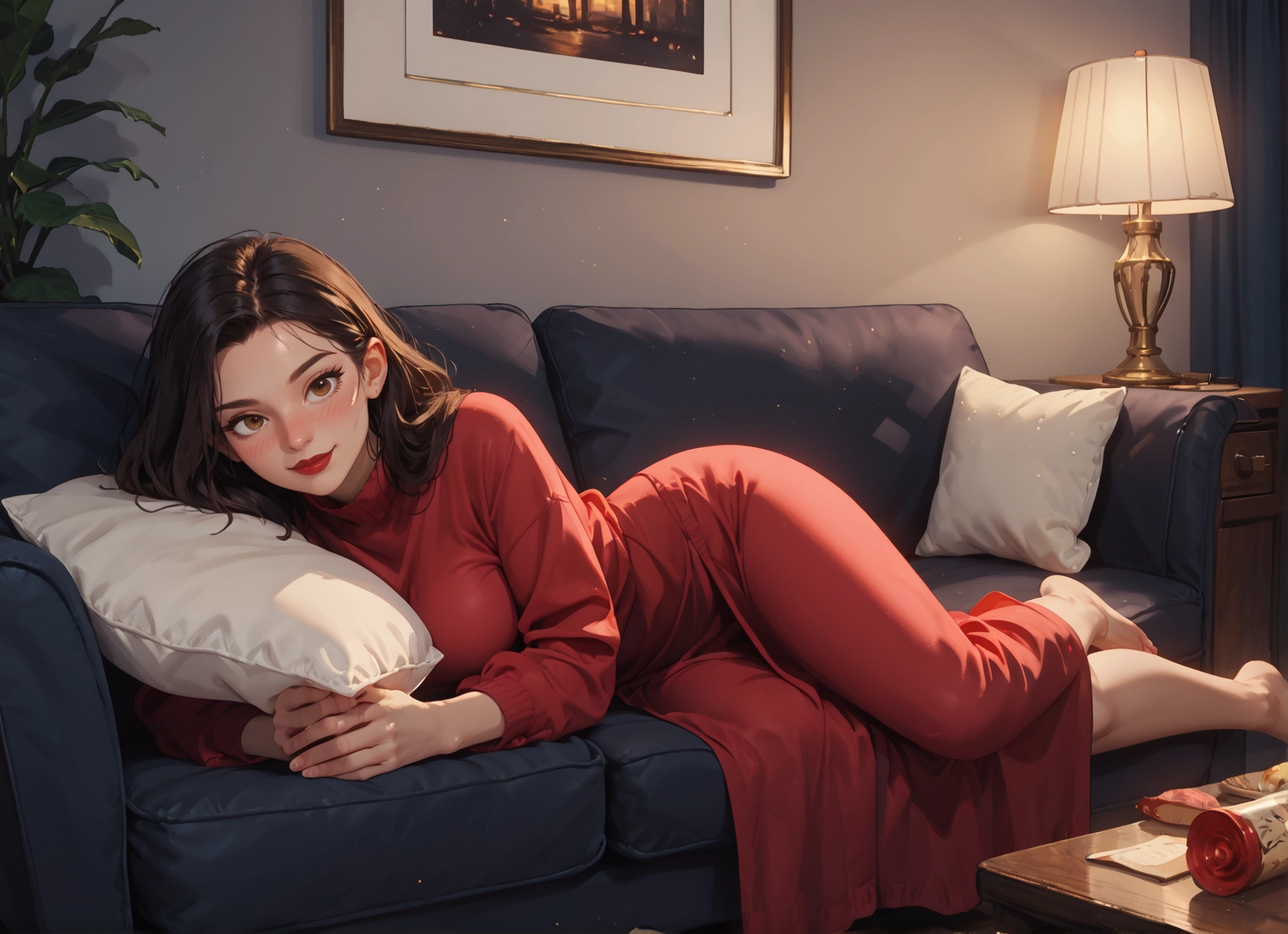 1girl, pillow, lying, barefoot, couch, brown eyes