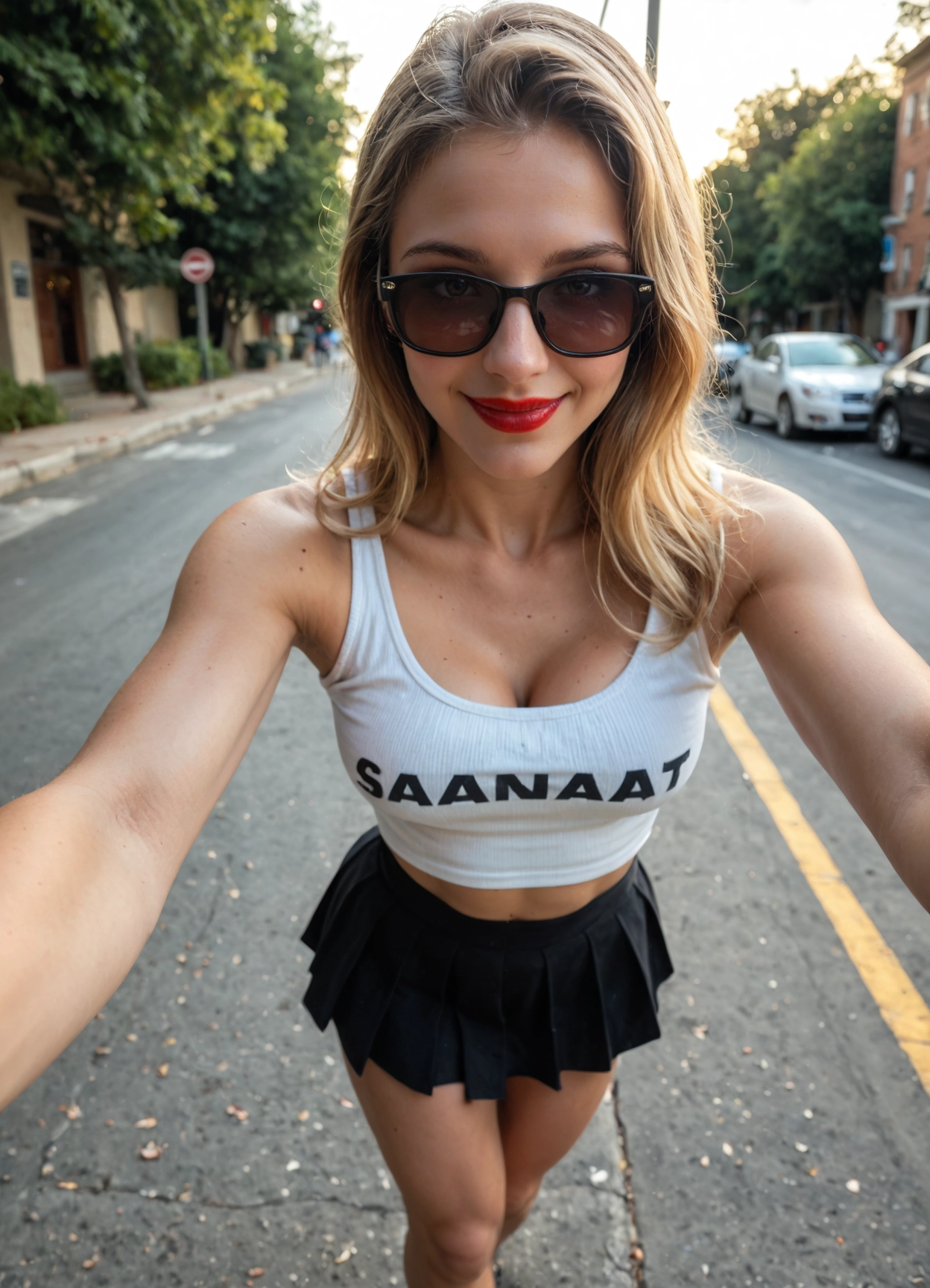 1girl, breasts, skirt, solo, sunglasses, cleavage · Yamete.gg