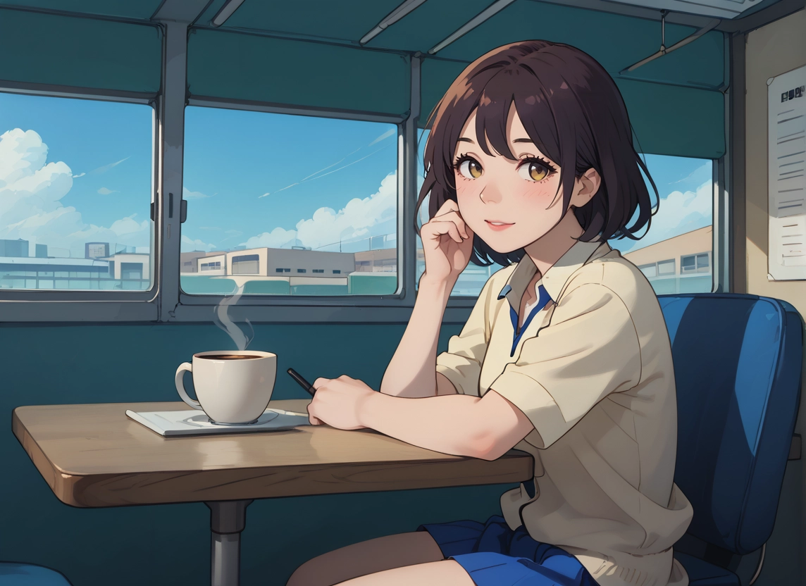 1girl, solo, sitting, cup, skirt, looking at viewer · Yamete.gg