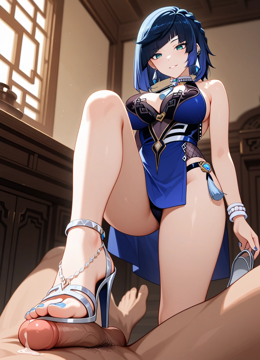1girl, large breasts, breasts, yelan (genshin impact), blue hair, pelvic curtain · Yamete.gg
