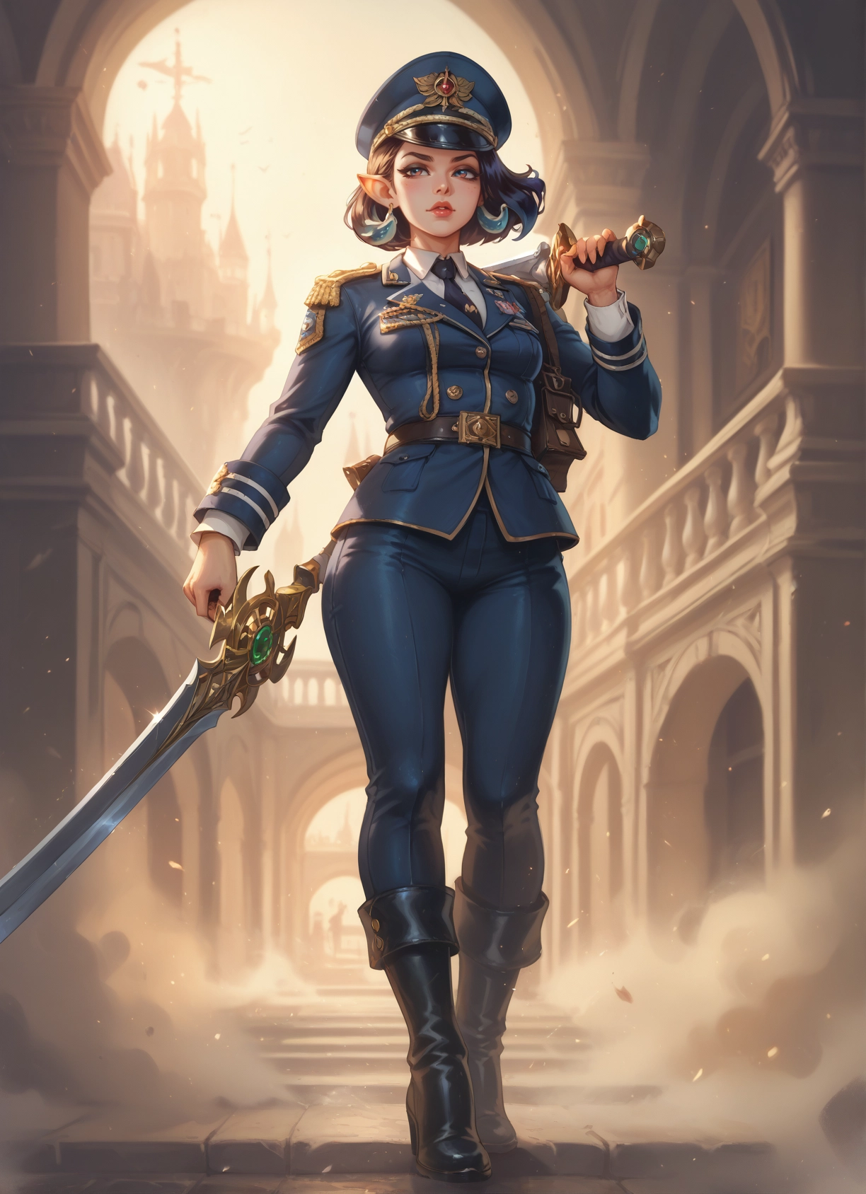 1girl, weapon, sword, solo, uniform, pointy ears · Yamete.gg