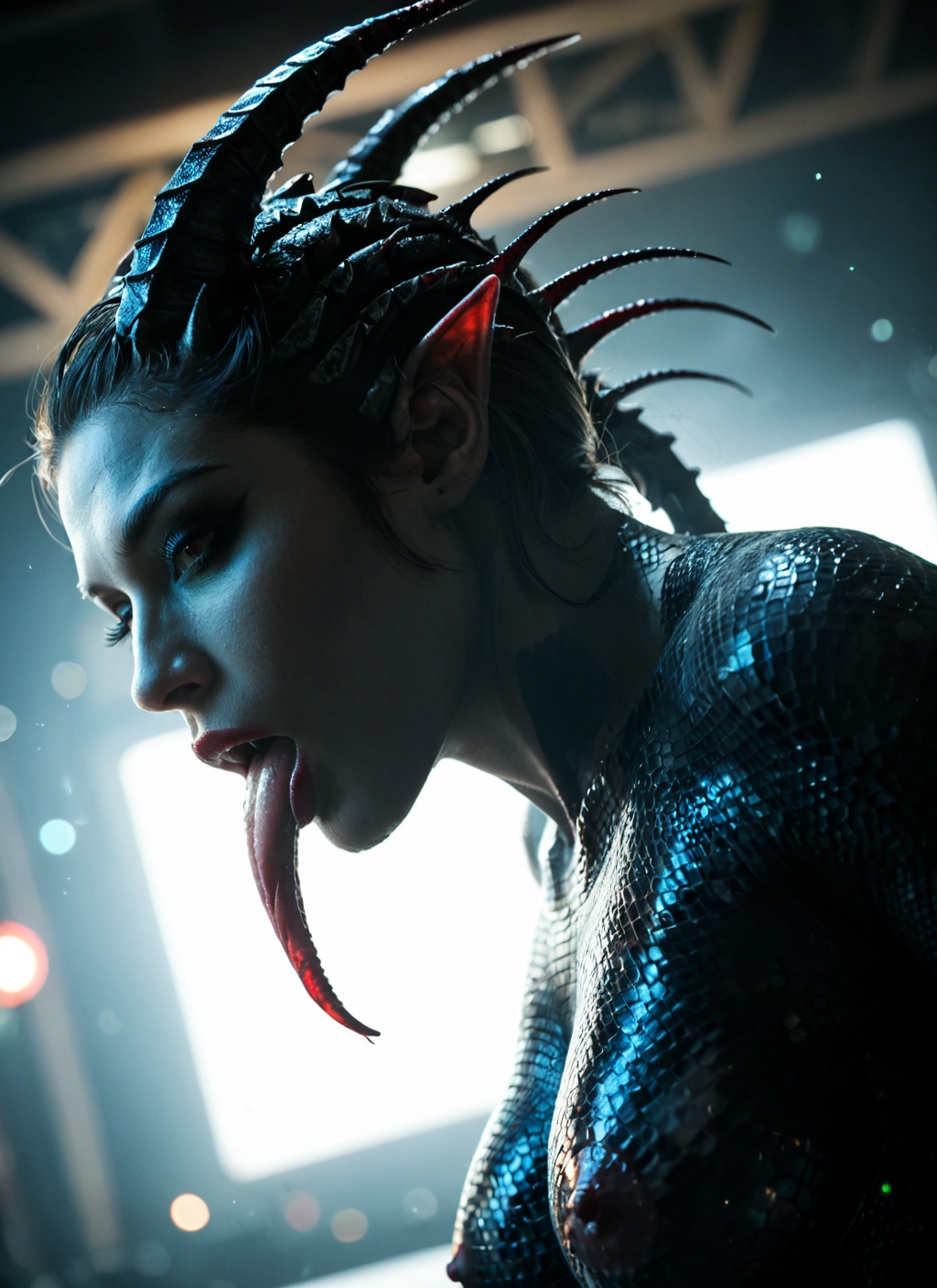 1girl, solo, horns, tongue, pointy ears, breasts · Yamete.gg