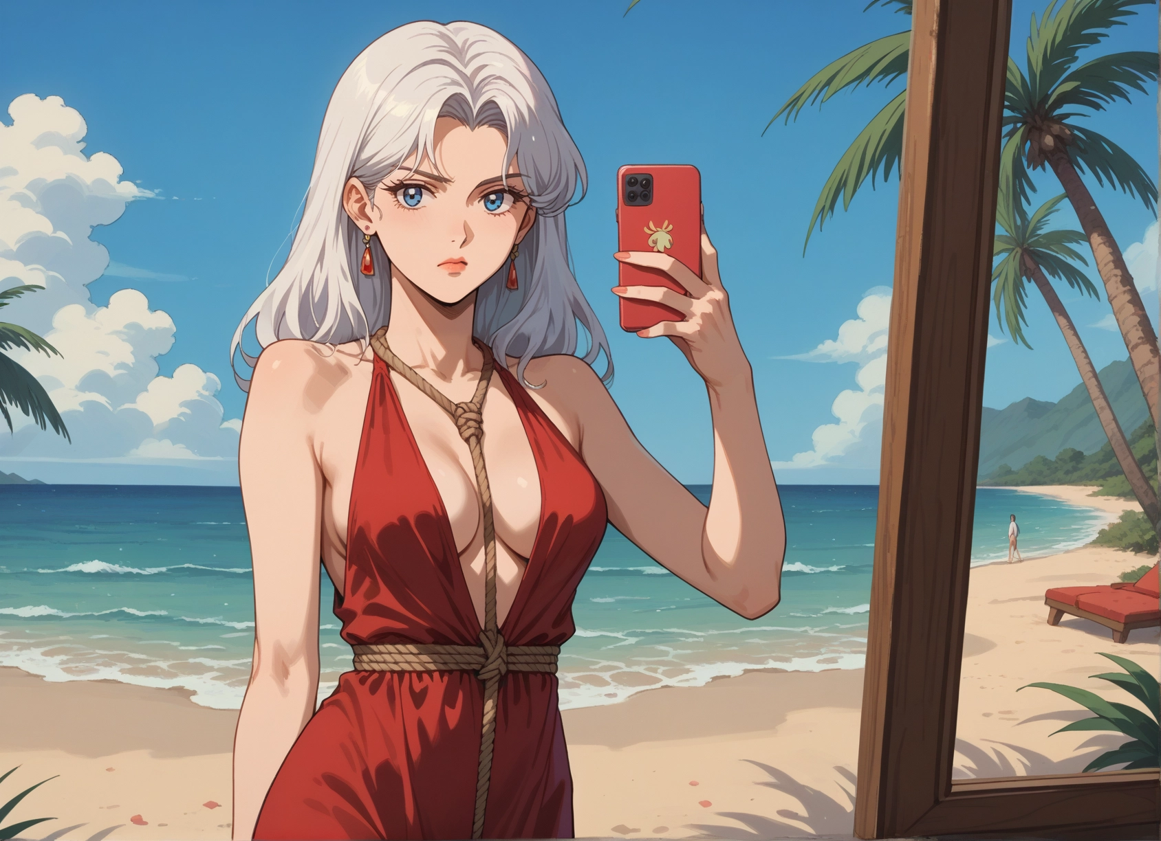 breasts, blue eyes, phone, jewelry, dress, earrings · Yamete.gg