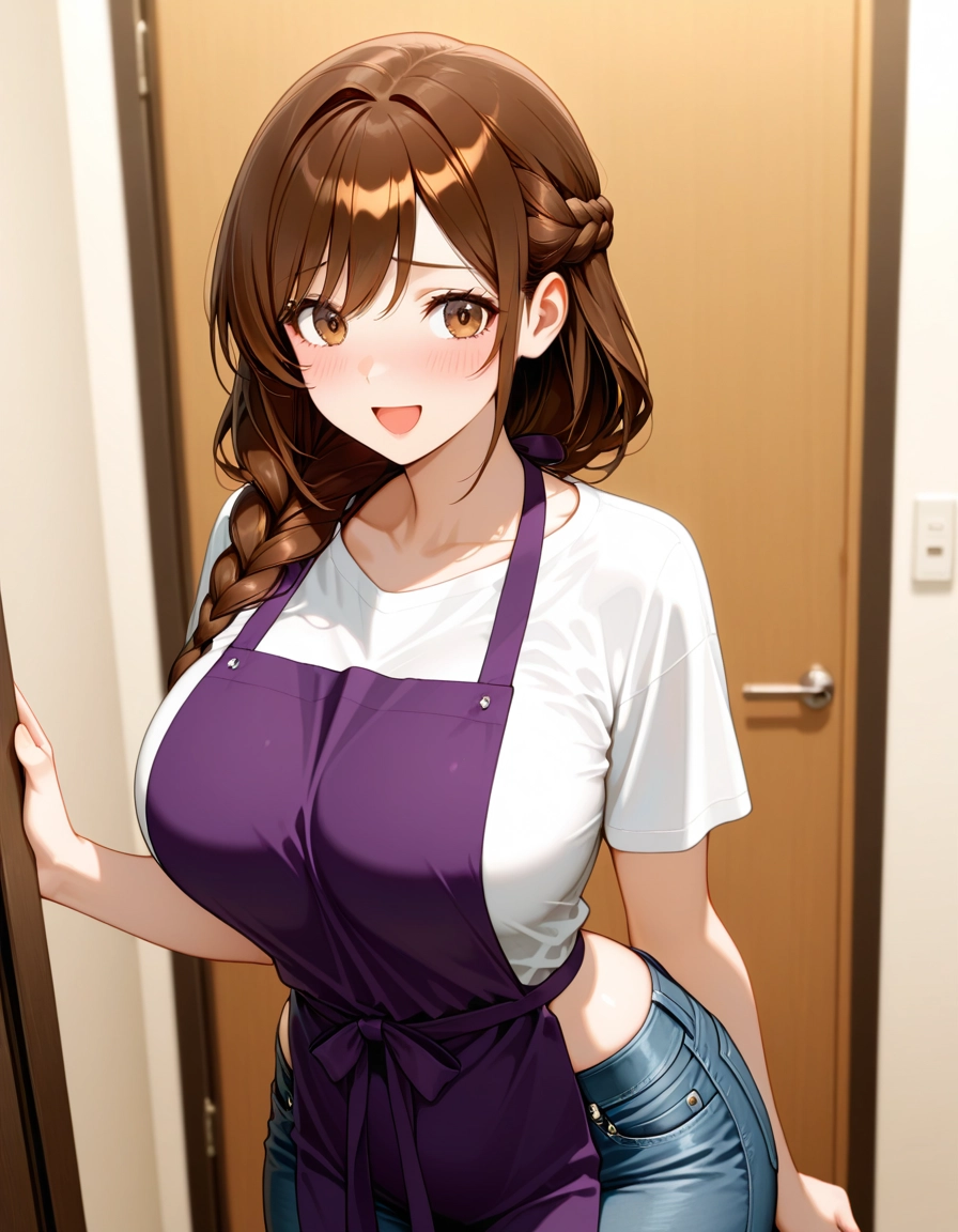 1girl, braid, denim, breasts, brown hair, jeans · Yamete.gg