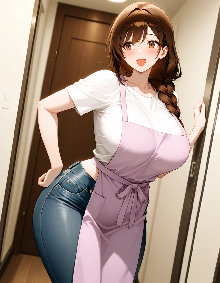 1girl, solo, breasts, apron, brown hair, denim · Yamete.gg