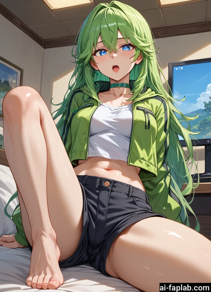 1girl, shorts, long hair, navel, barefoot, blue eyes