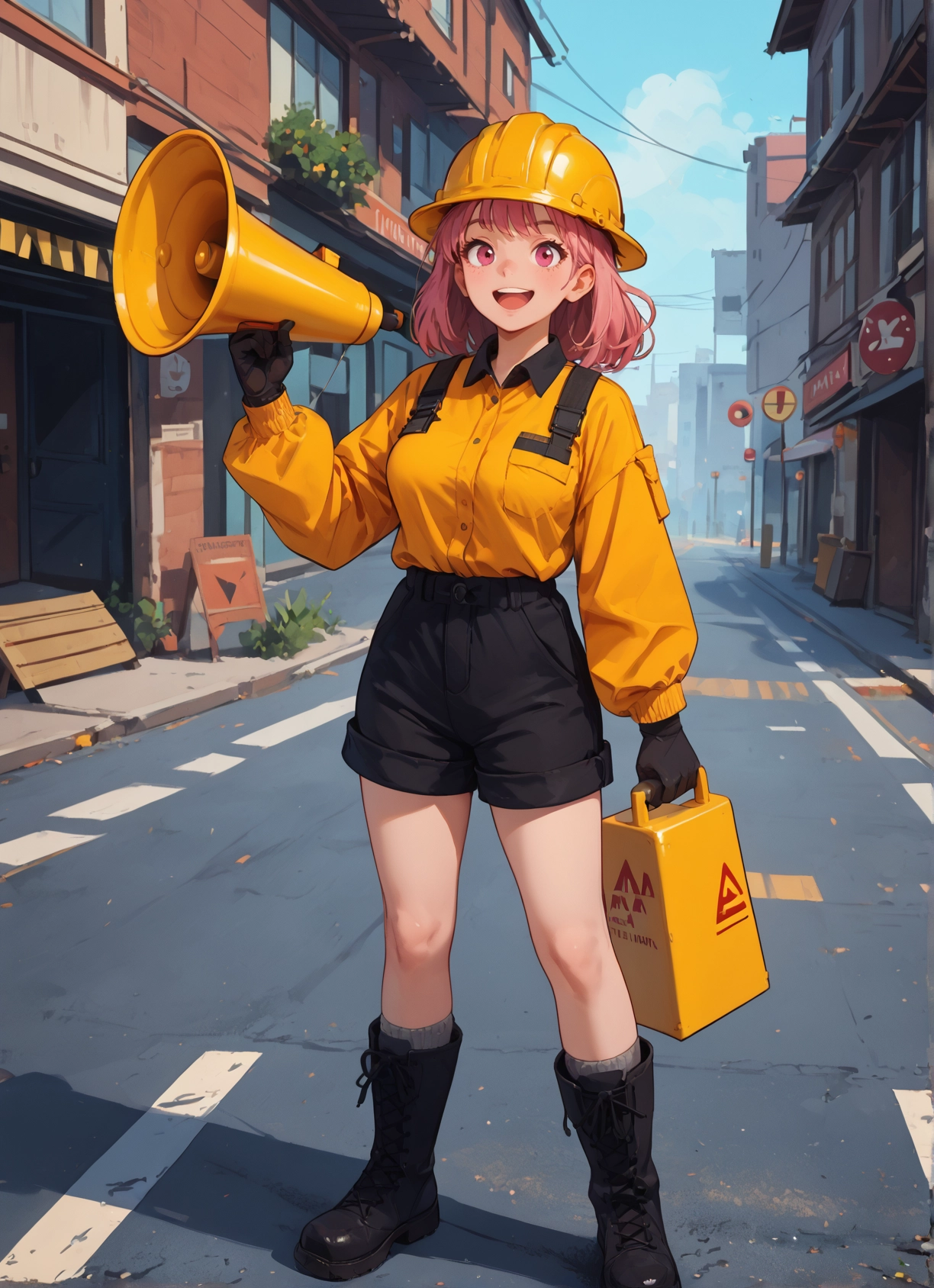 1girl, solo, gloves, boots, open mouth, pink hair · Yamete.gg