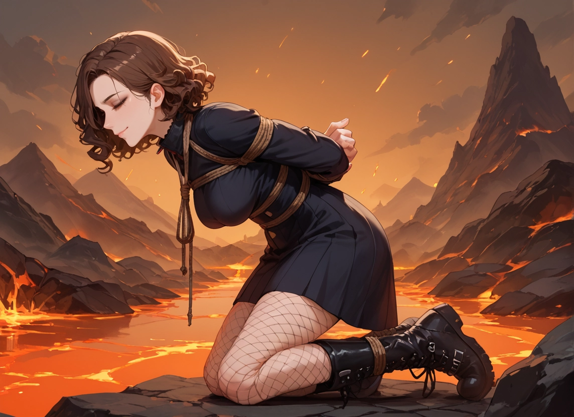 1girl, bound, fishnets, bdsm, boots, brown hair · Yamete.gg