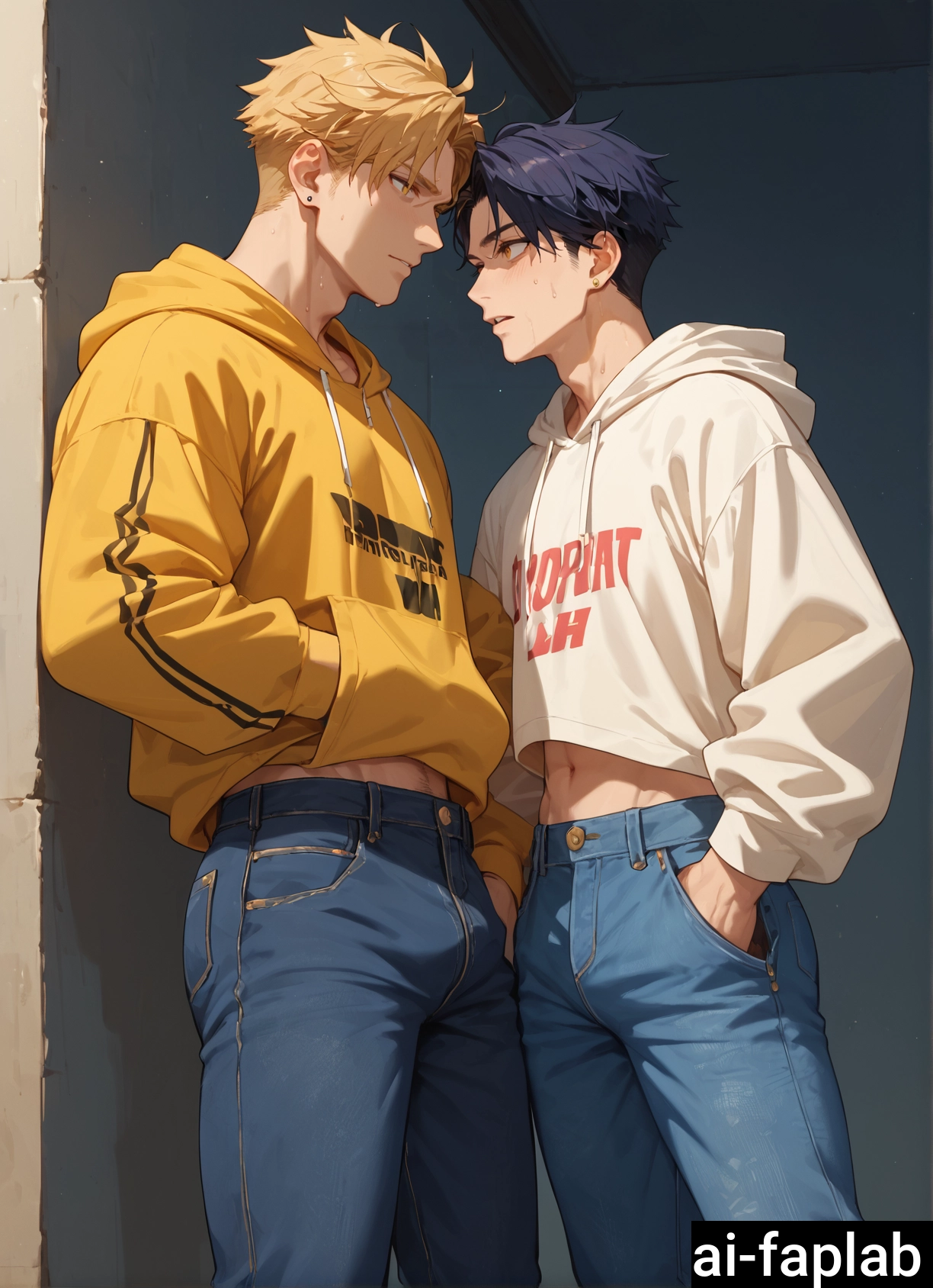 2boys, multiple boys, hoodie, male focus, hood, pants