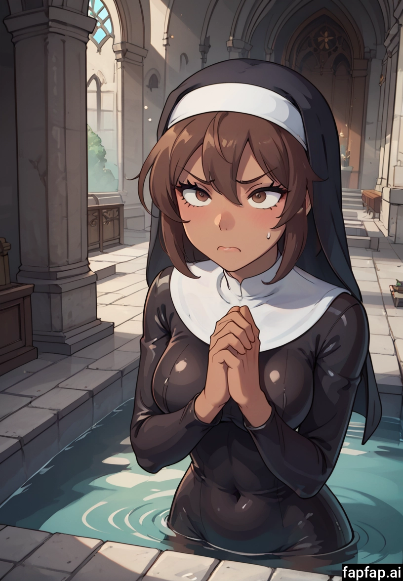 1girl, brown hair, nun, brown eyes, dark-skinned female, breasts · Yamete.gg