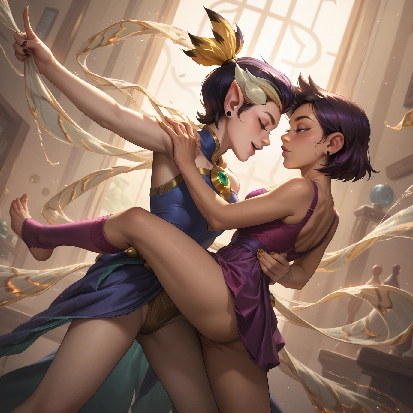 multiple girls, 2girls, pointy ears, short hair, yuri, dress · Yamete.gg
