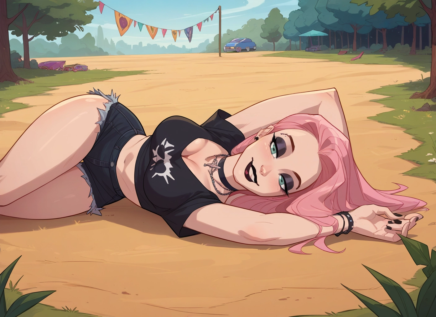 1girl, breasts, pink hair, shorts, lying, jewelry · Yamete.gg