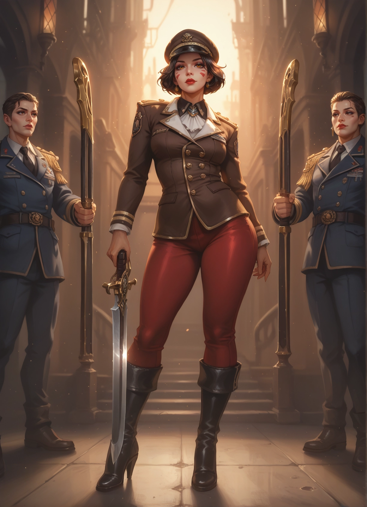 1girl, weapon, boots, sword, uniform, hat · Yamete.gg