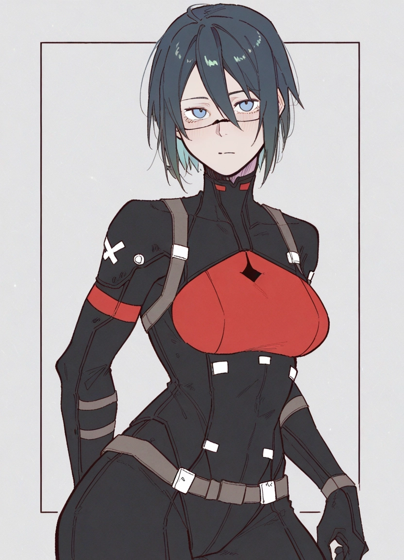 1girl, solo, blue eyes, glasses, bodysuit, short hair · Yamete.gg