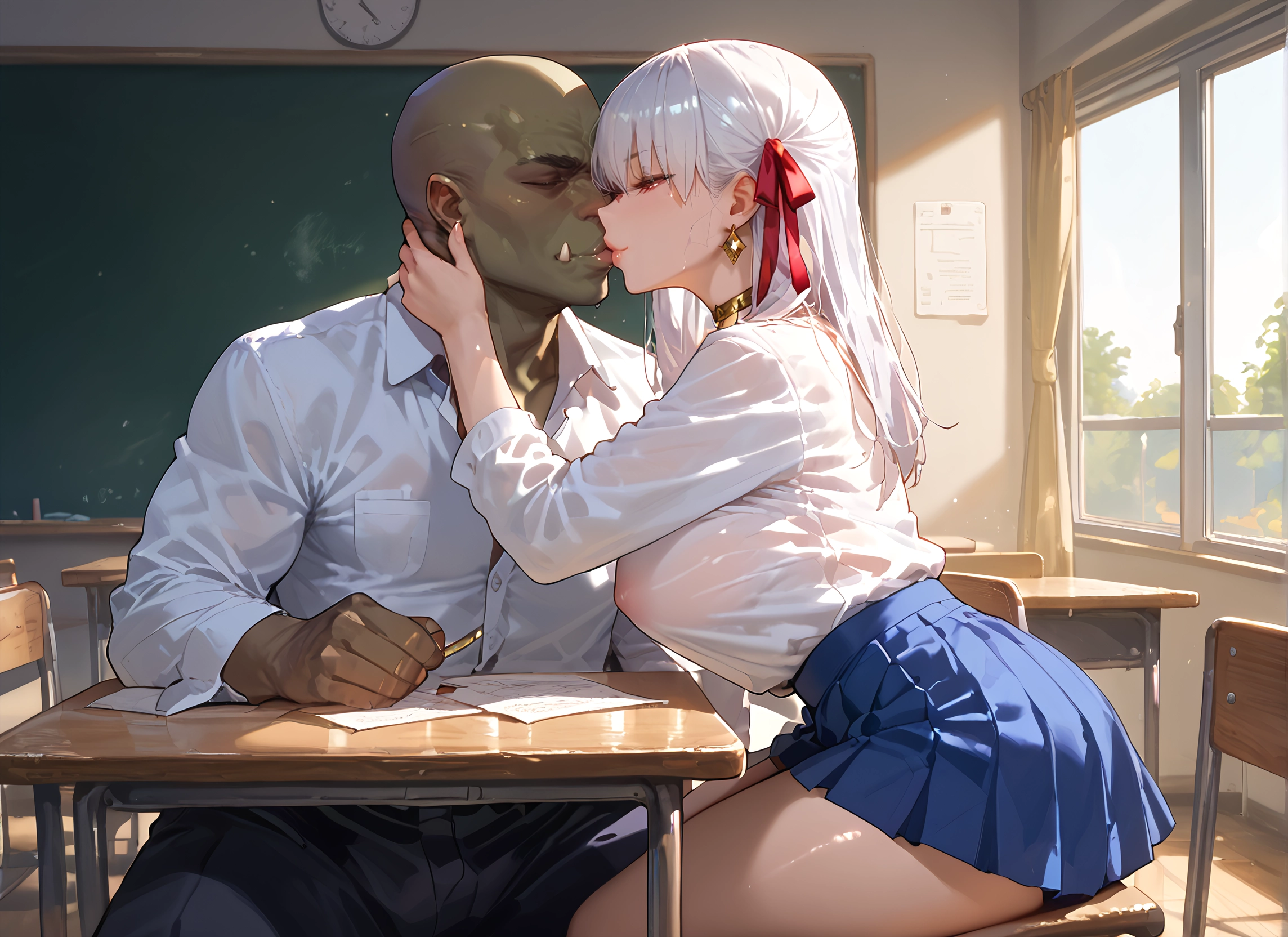 1girl, 1boy, skirt, breasts, jewelry, ribbon · Yamete.gg