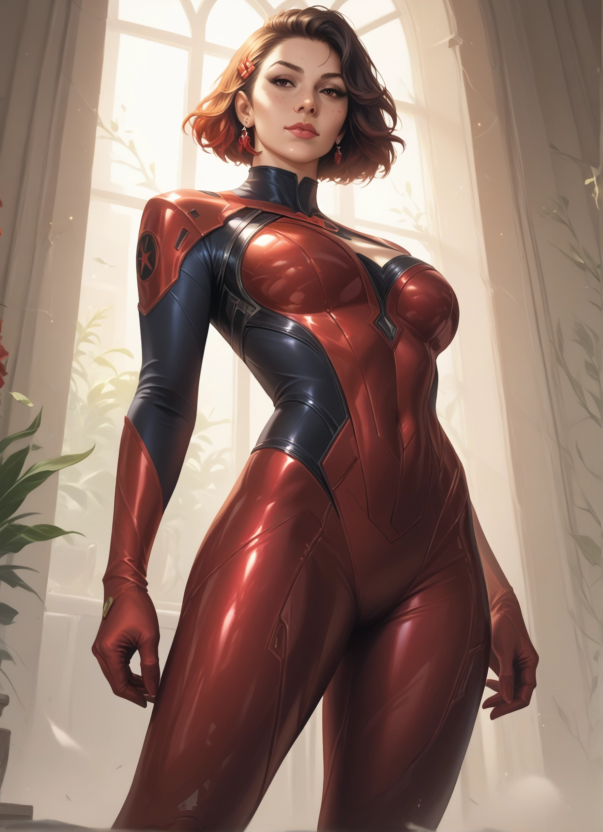 1girl, solo, bodysuit, jewelry, earrings, breasts · Yamete.gg