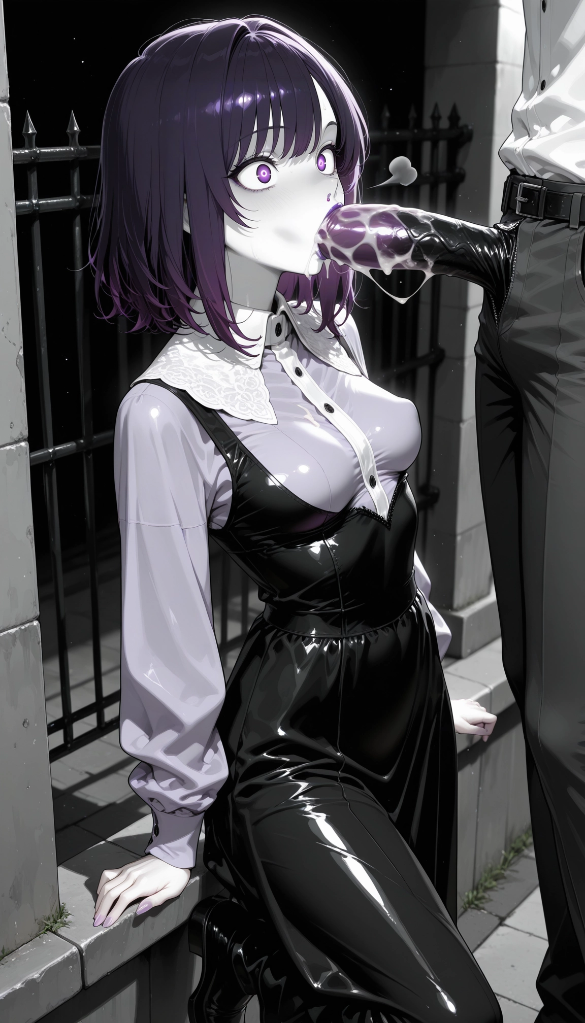1girl, purple eyes, breasts, penis, fellatio, oral · Yamete.gg