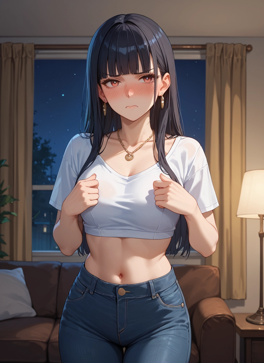 1girl, long hair, navel, jewelry, earrings, blush · Yamete.gg