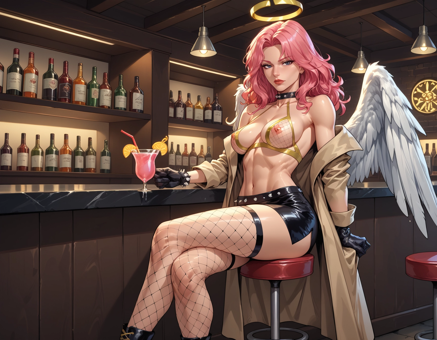 1girl, solo, breasts, fishnets, crossed legs, gloves · Yamete.gg