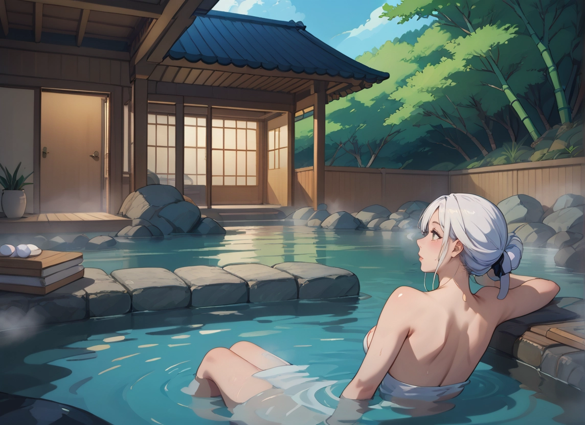 1girl, solo, onsen, towel, breasts, bamboo · Yamete.gg