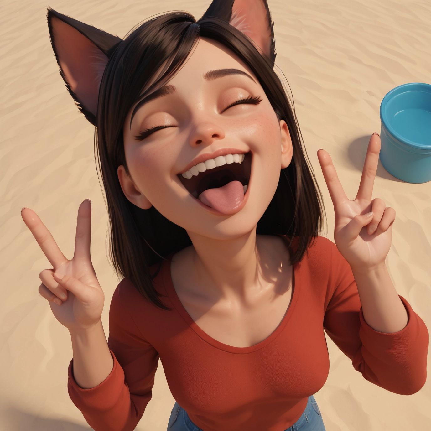 1girl, double v, animal ears, solo, closed eyes, v · Yamete.gg