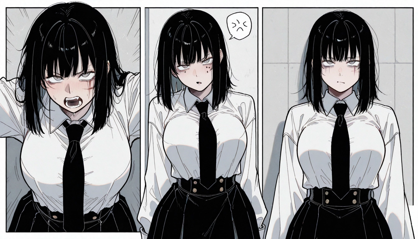1girl, breasts, necktie, black hair, skirt, shirt