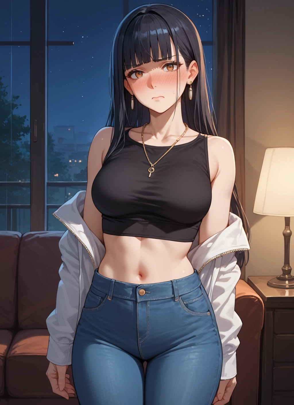 1girl, breasts, long hair, navel, blush, jewelry · Yamete.gg